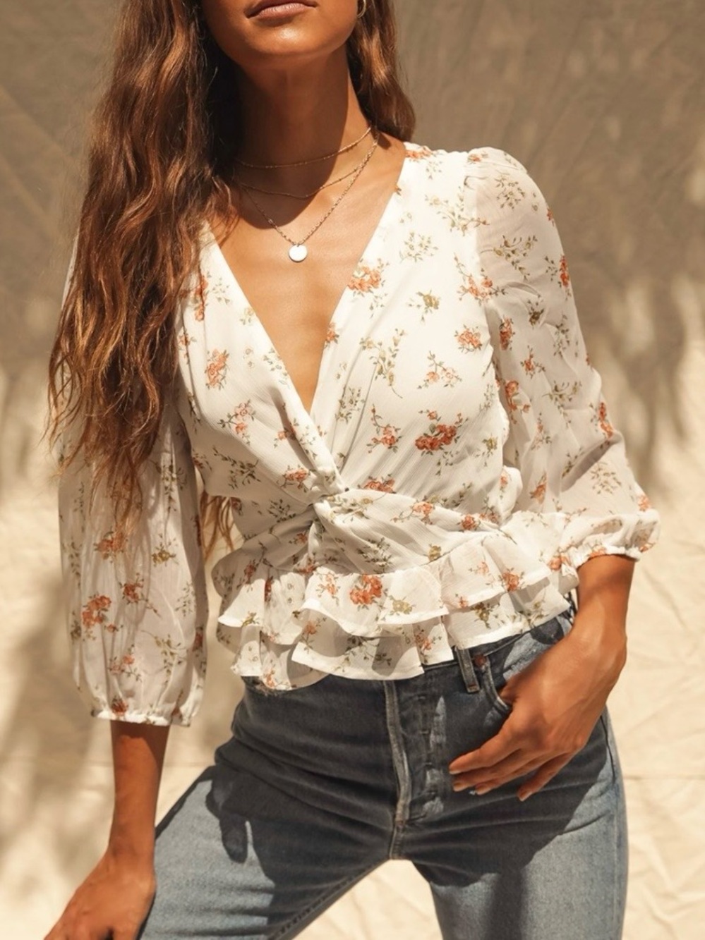 Lulu's Cream Floral, Sweetly Sun-Kissed Ivory Floral Print Twist-Front Peplum To